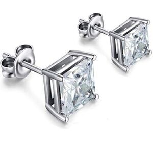 Renaissance 14k White Gold Princess Cut CZ Studs Over .925 Sterling Silver